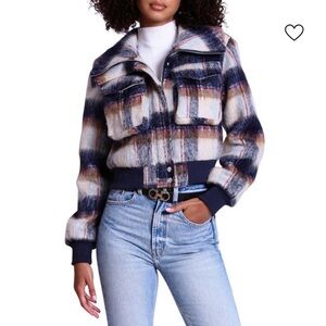 Avec Les Filles Brushed Plaid‎ Cropped Trucker Jacket Small NWT